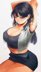 Rule 34 | absurdres, arm behind head, arm up, armpits, black hair, blush, breasts, cleavage, closed eyes, collarbone, collared jacket, ear piercing, eyelashes, fingernails, heart, highres, jacket, large breasts, lips, midriff, motion lines, nail polish, naingnaing, navel, open clothes, original, pencil skirt, piercing, purple nails, school uniform, short sleeves, simple background, skirt, stained clothes, stretching, sweat, sweaty clothes, uniform, white background
