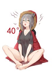 Rule 34 | 1girl, animal ears, arknights, bad id, bad pixiv id, bare legs, barefoot, breasts, butterfly sitting, cleavage, collarbone, commentary request, covering crotch, covering privates, feet, full body, fur-trimmed hood, fur trim, grey hair, grey shirt, hair between eyes, highres, hood, hood up, hooded jacket, jacket, jacket on shoulders, jilu, knees apart feet together, long hair, looking at viewer, no pants, open mouth, projekt red (arknights), puffy short sleeves, puffy sleeves, red jacket, shirt, short sleeves, sidelocks, sitting, small breasts, soles, solo, temperature, tongue, tongue out, white background, wolf ears, yellow eyes