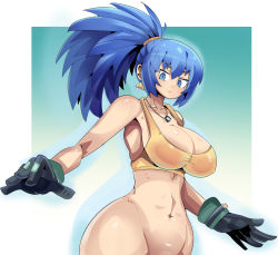 Rule 34 | 1girl, blue eyes, blue hair, bottomless, breasts, cleavage, dog tags, dragodragodran, earrings, gloves, jewelry, large breasts, leona heidern, crop top, ponytail, snk, the king of fighters