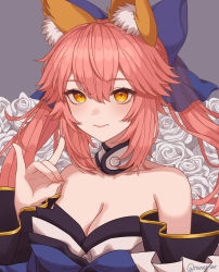 Rule 34 | 1girl, absurdres, animal ear fluff, animal ears, artist name, bare shoulders, blue bow, blue kimono, blush, bow, breasts, cleavage, collarbone, detached sleeves, fate/extra, fate/grand order, fate (series), flower, fox ears, fox girl, fox shadow puppet, highres, japanese clothes, kimono, large breasts, looking at viewer, nail polish, pink hair, ranemiar, rose, simple background, solo, split ponytail, tail, tamamo (fate), tamamo no mae (fate/extra), white flower, white rose, yellow eyes