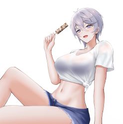 Rule 34 | 1girl, :d, antenna hair, azur lane, bellona (azur lane), blush, breasts, casual, collarbone, commentary request, cutoffs, denim, denim shorts, food, grey eyes, grey hair, groin, hair between eyes, highres, holding, holding food, jakqbigone, knee up, large breasts, looking at viewer, midriff, navel, open mouth, popsicle, shirt, short hair, short shorts, short sleeves, shorts, sidelocks, simple background, sitting, smile, solo, t-shirt, tied shirt, white background, white hair