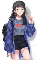 Rule 34 | 1girl, backpack, bag, baseball cap, black hair, black hat, black shorts, blue coat, blush, candy, cellphone, chupa chups, closed mouth, coat, collarbone, commentary request, food, green eyes, grey shirt, hat, highres, holding, holding food, holding phone, jewelry, lollipop, long hair, long sleeves, looking at viewer, necklace, niwata0, open clothes, open coat, original, phone, shirt, short shorts, shorts, smartphone, smile, solo, torn clothes, torn shorts