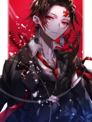 Rule 34 | 1boy, adjusting clothes, adjusting gloves, akasaki uraba, black gloves, brown hair, closed mouth, clothes on shoulders, earrings, gloves, jewelry, kamado tanjirou, kimetsu no yaiba, looking at viewer, male focus, necktie, red background, red eyes, red hair, scar, scar on face, scar on forehead, shirt, smile, solo, white shirt