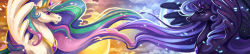 Rule 34 | celestia (my little pony), closed mouth, commentary, english commentary, eye contact, eyelashes, horns, long image, looking at another, luna (my little pony), multicolored hair, my little pony, my little pony: friendship is magic, no humans, purple hair, realistic, siblings, single horn, sisters, smile, sunset dragon, wide image, wind, winged unicorn