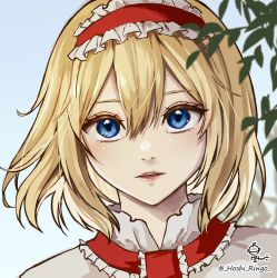 Rule 34 | 1girl, alice margatroid, ascot, blonde hair, blue eyes, capelet, hairband, hoshiringo0902, lips, lolita hairband, open mouth, portrait, red ascot, red hairband, short hair, solo, touhou, upper body, white capelet