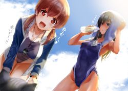 Rule 34 | !, ..., 2girls, :d, :o, black eyes, black hair, blue jacket, blue one-piece swimsuit, blue sky, blurry, blurry foreground, bottle, breasts, brown hair, cat, cleavage, cloud, cloudy sky, competition swimsuit, covered navel, day, depth of field, drying, drying hair, heart, holding, holding bottle, jacket, kiryuu takahisa, large breasts, leaning forward, long hair, looking at viewer, low twintails, medium breasts, medium hair, multiple girls, no pants, one-piece swimsuit, open mouth, original, outdoors, red eyes, sky, smile, spoken ellipsis, spoken exclamation mark, squatting, stopwatch, stopwatch around neck, swimsuit, towel, towel on head, translated, twintails, watch, water bottle