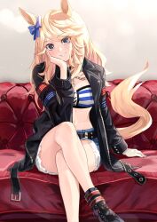 Rule 34 | 1girl, absurdres, animal ears, bandeau, bare legs, black footwear, black jacket, blonde hair, blue bow, blue eyes, bow, commentary request, crossed legs, gold city (umamusume), grin, hair bow, head tilt, highres, horse ears, horse girl, jacket, kento (kentdrawing), long sleeves, looking at viewer, midriff, navel, open clothes, open jacket, shoes, sitting, smile, solo, stomach, strapless, striped bandeau, tail, tube top, umamusume