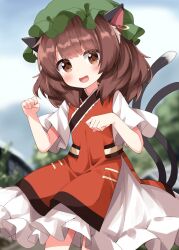 Rule 34 | 1girl, :d, animal ear fluff, animal ears, blunt bangs, blurry, blurry background, blush, brown eyes, brown hair, cat ears, cat tail, chen, commentary request, cowboy shot, day, dress, earrings, flat chest, foul detective satori, hands up, happy, hat, highres, jewelry, looking at viewer, medium hair, mob cap, multiple tails, nekomata, one-hour drawing challenge, open mouth, outdoors, paw pose, petite, red dress, ruu (tksymkw), short sleeves, single earring, smile, solo, tail, touhou, two tails, wide sleeves