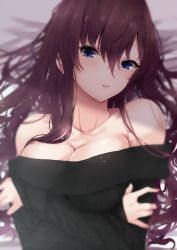 Rule 34 | 1girl, bare shoulders, blue eyes, breasts, breasts squeezed together, cleavage, collarbone, from above, hair between eyes, highres, ichinose shiki, idolmaster, idolmaster cinderella girls, large breasts, long hair, looking at viewer, off-shoulder sweater, off shoulder, parted lips, purple hair, ryuu., sweater, upper body