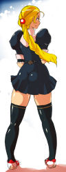 Rule 34 | 1girl, ahoge, ass, back, black thighhighs, blonde hair, braid, dress, female focus, from behind, full body, glasses, hair bobbles, hair ornament, long hair, looking back, pince-nez, ponytail, shoes, short dress, skirt, sneakers, solo, thick thighs, thighhighs, thighs, yunioshi, zettai ryouiki