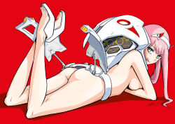 Rule 34 | 1girl, albyee, aqua eyes, ass, bare legs, belt, breasts, commentary, darling in the franxx, english commentary, eyelashes, eyeliner, feet, feet up, from side, full body, hairband, horns, legs, licking lips, long hair, looking at viewer, makeup, medium breasts, nude, oni horns, pink hair, red background, red horns, sandals, shadow, signature, simple background, solo, thighs, toenails, toes, tongue, tongue out, white hairband, zero two (darling in the franxx)