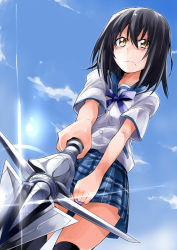 Rule 34 | 10s, 1girl, aiming, aiming at viewer, bibi02, black hair, brown eyes, dutch angle, himeragi yukina, holding, partisan (weapon), pleated skirt, polearm, school uniform, short hair, skirt, solo, spear, strike the blood, weapon