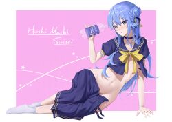 Rule 34 | 1girl, arm support, blue choker, blue eyes, blue hair, blue shirt, blue skirt, blush, border, breasts, character name, choker, earrings, eyelashes, feet, frilled sleeves, frills, hair between eyes, hair bun, hand up, highres, holding, hololive, hoshimachi suisei, hoshimachi suisei (school uniform), jewelry, leaning to the side, legs, long hair, looking at viewer, navel, neck ribbon, no shoes, open mouth, partially undressed, pink background, plastic bottle, pocari sweat, puffy short sleeves, puffy sleeves, ribbon, sailor collar, school uniform, shadow, shirt, short sleeves, sidelocks, skirt, small breasts, socks, solo, star (symbol), star in eye, stomach, symbol in eye, toes, virtual youtuber, white border, white socks, yellow ribbon, zetacat