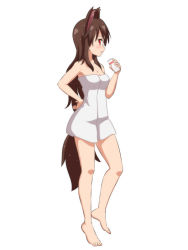 Rule 34 | 1girl, animal ears, barefoot, blush, breasts, brown hair, cato (monocatienus), commentary request, dress, from side, full body, hand on own hip, holding, imaizumi kagerou, long hair, looking at viewer, looking away, medium breasts, red eyes, solo, standing, tail, touhou, white background, white dress