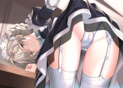 Rule 34 | 1girl, absurdres, ass, azur lane, bent over, black dress, blush, braid, brown eyes, brown hair, cameltoe, chain, cleft of venus, clothes lift, collar, commentary request, crotch seam, dress, dress lift, frills, garter straps, highres, light smile, long sleeves, looking at viewer, maid, maid day, maid headdress, matching hair/eyes, nanaken nana, sheffield (azur lane), solo, thighhighs, thighs, white thighhighs