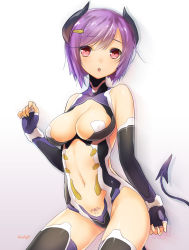 Rule 34 | 1girl, 47agdragon, :o, blush, breasts, cleavage, cleavage cutout, clothing cutout, demon girl, demon horns, demon tail, elbow gloves, fingerless gloves, gloves, hair ornament, hairclip, highres, horns, large breasts, looking at viewer, navel, navel cutout, original, purple hair, red eyes, short hair, simple background, solo, tail, thighhighs