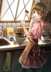 Rule 34 | 1girl, apron, bad id, bad pixiv id, baking, black thighhighs, brown eyes, brown hair, chocolate, chocolate making, cooking, finger to mouth, from behind, kitchen, licking, looking back, milk carton, original, parsley-f, ponytail, skirt, solo, thighhighs, window, zettai ryouiki