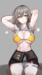 Rule 34 | 1girl, armpits, arms behind head, arms up, bikini, bottomless, breasts, clothes lift, heavy breathing, highres, honkai: star rail, honkai (series), large breasts, looking at viewer, mini2chainz, open mouth, shirt lift, short hair, simple background, sitting, sketch, solo, stelle (honkai: star rail), stomach, stretching, swimsuit, thighs, trailblazer (honkai: star rail), yellow eyes