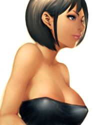 Rule 34 | 1girl, bare shoulders, black hair, blue eyes, bra, breasts, capcom, cleavage, fumio (rsqkr), jill valentine, large breasts, lips, resident evil, resident evil 3: nemesis, short hair, simple background, solo, strapless, strapless bra, underwear, white background