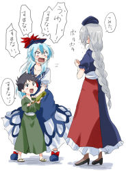 Rule 34 | 1boy, 2girls, black footwear, black hair, blue dress, blue footwear, blue hair, blush, braid, breasts, cleavage, constricted pupils, dress, flying sweatdrops, frilled dress, frills, hand on another&#039;s shoulder, hand up, hat, high heels, japanese clothes, kamishirasawa keine, layered dress, long hair, looking at another, multicolored clothes, multicolored dress, multicolored hair, multiple girls, nurse cap, pantyhose, red dress, scared, shoes, silver hair, simple background, single braid, sleeveless, sleeveless dress, spiked hair, standing, sweatdrop, tabi, touhou, translated, two-tone hair, unya, very long hair, water, water gun, wet, wet hair, white background, white dress, yagokoro eirin