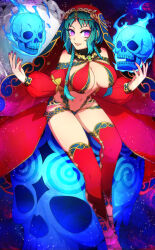 Rule 34 | 1girl, :d, arabian clothes, bare shoulders, bikini, braid, breasts, cleavage, commentary request, cross-laced sandals, detached sleeves, earrings, fate/grand order, fate (series), flaming skull, floating skull, full body, gem, giant skull, green gemstone, green hair, harem outfit, highres, jewelry, large breasts, long hair, looking at viewer, low twin braids, navel, necklace, neo kabocha, no mole, open mouth, parted bangs, partial commentary, purple eyes, red bikini, red sleeves, red thighhighs, red veil, salome (fate), sidelocks, sitting, skull, smile, solo, stomach, swimsuit, thighhighs, twin braids, veil