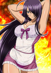 Rule 34 | 00s, 1girl, armpits, arms behind back, arms behind head, breasts, cleavage, collarbone, fire, hair over one eye, hands in hair, ikkitousen, kan&#039;u unchou, large breasts, long hair, purple hair, shiny skin, smile, solo