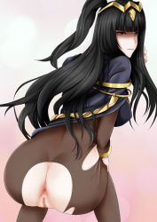 Rule 34 | 1girl, anus, ass, black hair, cape, censored, crotch cutout, fire emblem, fire emblem awakening, from behind, gradient background, has uncensored version, janong, looking back, mosaic censoring, nintendo, pantyhose, pussy, solo, tharja (fire emblem), tiara, torn clothes, torn pantyhose, twintails
