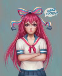 Rule 34 | 1girl, artist name, bad id, bad pixiv id, bow, crossed arms, felice, giffany, gradient background, gravity falls, hair bow, lips, long hair, looking at viewer, pink eyes, pink hair, realistic, sata cable, school uniform, serafuku, solo, tsundere