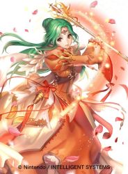 Rule 34 | 1girl, aozi seizi, brown eyes, copyright name, dress, elincia ridell crimea, fire emblem, fire emblem: path of radiance, fire emblem cipher, green hair, hair bun, hair up, holding, jewelry, juliet sleeves, long sleeves, md5 mismatch, nintendo, petals, puffy sleeves, resized, simple background, smile, solo, staff, tiara, white background, wide sleeves