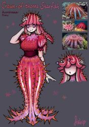 Rule 34 | 1girl, absurdres, breasts, creature and personification, crown-of-thorns starfish, full body, highres, long hair, matilda fiship, monster girl, original, personification, photo-referenced, photo inset, purple eyes, shirt, short sleeves, solo, spikes, standing, starfish, starfish girl, tentacle hair