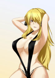Rule 34 | 1girl, armpits, arms behind head, black one-piece swimsuit, blonde hair, blush, breasts, brown eyes, covered erect nipples, cowboy shot, creatures (company), cynthia (pokemon), female pubic hair, game freak, groin, hair over one eye, halterneck, highres, huge breasts, long hair, maki ikazuya, navel, nintendo, nipples, one-piece swimsuit, open mouth, pokemon, pubic hair, slingshot swimsuit, smile, solo, stomach, swimsuit