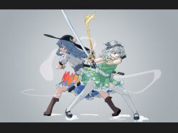 Rule 34 | 2girls, bare arms, black footwear, black hairband, black hat, blue hair, blue skirt, boots, brown footwear, fighting stance, flaming sword, flaming weapon, frilled skirt, frills, full body, green eyes, green skirt, green vest, grey background, grey hair, hair ribbon, hairband, hat, highres, hinanawi tenshi, holding, holding sword, holding weapon, katana, konpaku youmu, letterboxed, long hair, mary janes, multiple girls, obsarviah, puffy short sleeves, puffy sleeves, red eyes, ribbon, shirt, shoes, short hair, short sleeves, skirt, standing, sword, sword of hisou, thighhighs, touhou, vest, weapon, white shirt