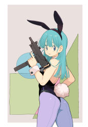 Rule 34 | 1girl, absurdres, animal ears, ass, bare shoulders, black leotard, blue eyes, blue hair, breasts, bulma, commentary request, detached collar, dragon ball, dragon ball (classic), fake animal ears, from behind, gun, highres, holding, holding gun, holding weapon, leotard, looking to the side, mac-10/11, medium breasts, outside border, pantyhose, playboy bunny, purple pantyhose, rabbit ears, rabbit tail, rokoido12, smile, solo, strapless, strapless leotard, submachine gun, tail, weapon, wrist cuffs