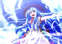 Rule 34 | 1girl, blue hair, female focus, giorgio claes, happy, hat, hinanawi tenshi, long hair, open mouth, outdoors, outstretched arms, sky, solo, spread arms, touhou