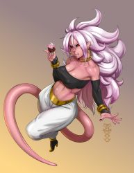 Rule 34 | 1girl, :t, absurdres, alternate form, android 21, bare shoulders, black nails, black sclera, bracelet, breasts, cleavage, colored sclera, colored skin, cupcake, dragon ball, dragon ball fighterz, earrings, eating, covered erect nipples, food, full mouth, harem pants, highres, hoop earrings, jewelry, kabos, light purple hair, looking at viewer, majin android 21, messy hair, nail polish, navel, pants, pink skin, pointy ears, red eyes, solo, spoilers, stomach, strapless, tail, toned, tube top