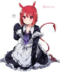 Rule 34 | 1girl, ?, animal ears, apron, arm support, bad id, bad twitter id, blush, demon tail, dress, eyebrows, hands in opposite sleeves, ikeuchi tanuma, long sleeves, looking at viewer, maid, maid apron, neck ribbon, off shoulder, original, oversized clothes, red eyes, red hair, ribbon, shoes, short hair, simple background, sitting, solo, speech bubble, tail, twitter username, white background