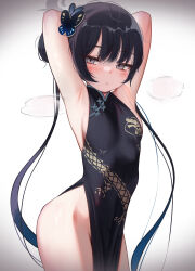 Rule 34 | 1girl, armpits, arms behind head, arms up, black hair, blue archive, blush, breasts, butterfly hair ornament, china dress, chinese clothes, dragon print, dress, grey eyes, hair ornament, halo, highres, kisaki (blue archive), long hair, looking at viewer, pelvic curtain, small breasts, solo, steaming body, thighs, torriet, twintails, white background