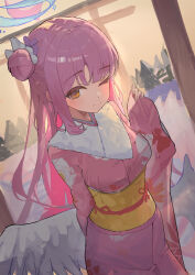 Rule 34 | 1girl, absurdres, angel wings, blue archive, closed mouth, feathered wings, flower, hair bun, hair flower, hair ornament, halo, highres, japanese clothes, kimono, long hair, long sleeves, looking at viewer, lovelyme, mika (blue archive), obi, one eye closed, pink hair, pink halo, pink kimono, purple flower, sash, single side bun, solo, torii, white wings, wide sleeves, wings, yellow eyes
