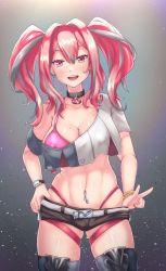Rule 34 | 1girl, :d, azur lane, belt, bikini, bikini under clothes, black collar, black shorts, blush, bracelet, breasts, bremerton (azur lane), cleavage, collar, collarbone, commentary request, covered erect nipples, cowboy shot, crop top, crop top overhang, cutoffs, ear piercing, earrings, fingernails, grey background, grey belt, grey hair, groin, hair between eyes, hair intakes, hand on own hip, head tilt, highleg, highleg bikini, highres, jewelry, large breasts, lifebuoy, long fingernails, long hair, looking at viewer, midriff, mignonette, mole, mole on breast, mole under eye, multicolored hair, nail polish, navel, navel piercing, no eyewear, no jacket, off-shoulder shirt, off shoulder, open mouth, piercing, pink bikini, pink eyes, pink hair, pink nails, shirt, short shorts, short sleeves, shorts, sidelocks, simple background, single bare shoulder, skindentation, smile, solo, standing, streaked hair, swim ring, swimsuit, teeth, thigh strap, toned, tongue piercing, twintails, two-tone hair, two-tone shirt, upper teeth only, v, wristband
