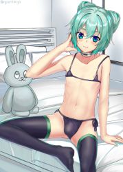 Rule 34 | 1boy, :3, adjusting hair, aqua nails, arm support, artist name, bed sheet, bedroom, black panties, black thighhighs, blue eyes, bulge, choker, commentary request, commission, foot up, gradient eyes, green eyes, green hair, hand on own face, highres, indoors, looking at viewer, micro bra, multicolored eyes, nail polish, nipple slip, nipples, on bed, original, panties, pillow, pixiv commission, rabbit, ryou@ryou, side-tie panties, sitting, solo, spread legs, stuffed animal, stuffed toy, thighhighs, trap, twitter username, underwear, underwear only