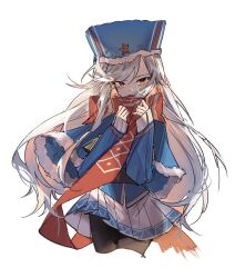 Rule 34 | 1girl, absurdres, blue capelet, blueblossom, capelet, commentary, covered mouth, cowboy shot, fur-trimmed capelet, fur hat, fur trim, girls&#039; frontline, hat, highres, long hair, long sleeves, looking at viewer, makarov (girls&#039; frontline), pantyhose, pleated skirt, red eyes, red scarf, scarf, simple background, skirt, solo, ushanka, very long hair, white background, white hair, white skirt
