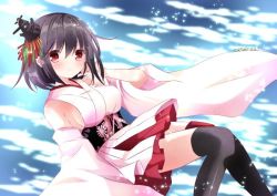 Rule 34 | 10s, 1girl, :o, bad id, bad twitter id, black hair, black thighhighs, blush, breasts, detached sleeves, hand in own hair, kantai collection, large breasts, looking at viewer, nanase nao, nontraditional miko, over-kneehighs, parted lips, pleated skirt, red eyes, red skirt, short hair, skirt, solo, thighhighs, yamashiro (kancolle), zettai ryouiki