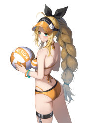 Rule 34 | 1girl, aqua eyes, ass, ball, bare shoulders, bikini, black survival, blonde hair, bracelet, braid, breasts, butt crack, chain, closed mouth, cowboy shot, eternal return: black survival, from behind, green nails, hat, highres, jewelry, long hair, looking at viewer, looking back, medium breasts, multi-strapped bikini, multicolored nails, nail polish, nicky blake, orange bikini, orange hat, orange nails, qoray7, single braid, solo, swimsuit, thigh strap, v-shaped eyebrows, very long hair, visor cap, volleyball (object)