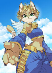 Rule 34 | :3, animal ears, animal nose, bandaged tail, bare shoulders, bell, blonde hair, brown fur, cat ears, cat girl, cat tail, claws, clothing cutout, cloud, cloudy sky, commentary request, cowboy shot, crop top, cropped legs, daena, detached sleeves, feathered wings, furry, furry female, green eyes, highres, jingle bell, legend of mana, looking at viewer, looking down, neck bell, outstretched hand, seiken densetsu, sky, slit pupils, stomach cutout, tail, teko (tawake), two-tone fur, wings