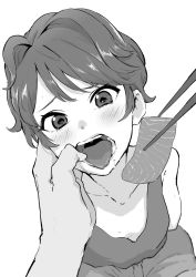 Rule 34 | 1girl, 1other, aikatsu!, aikatsu! (series), chopsticks, dress, feeding, finger in another&#039;s mouth, food, force-feeding, greyscale, highres, holding, holding food, ichinose kaede, looking at viewer, monochrome, open mouth, osame, pov, pov hands, saliva, short hair, simple background, sushi, tongue, tongue out, white background, wide-eyed