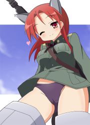 Rule 34 | 00s, 1girl, 9law, animal ears, bad id, bad pixiv id, blush, breasts, cameltoe, heart, minna-dietlinde wilcke, one eye closed, panties, purple panties, red eyes, red hair, solo, strike witches, underwear, wink, world witches series