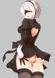 Rule 34 | 1girl, ass, bad id, bad pixiv id, black dress, black thighhighs, blindfold, blush, breasts, breath, clothing cutout, cowboy shot, dress, fedsnk, from behind, gloves, hairband, heart cutout, highres, juliet sleeves, leotard, leotard under clothes, long sleeves, looking at viewer, looking back, mole, mole under eye, nier (series), nier:automata, parted lips, puffy sleeves, short hair, silver hair, small breasts, solo, sweat, thighhighs, 2b (nier:automata)