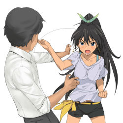Rule 34 | 1boy, 1girl, a1 (initial-g), belt, black hair, blue eyes, clenched hand, earrings, fighting, from behind, ganaha hibiki, hair ribbon, idolmaster, idolmaster (classic), jewelry, karate, long hair, martial arts, ponytail, ribbon, shorts, simple background