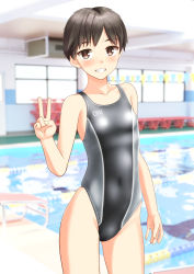 Rule 34 | 1girl, absurdres, black hair, breasts, brown eyes, chair, clothes writing, competition swimsuit, cowboy shot, grey one-piece swimsuit, grin, highres, indoors, looking at viewer, lounge chair, one-piece swimsuit, original, pool, short hair, small breasts, smile, solo, swimsuit, takafumi, tomboy, v, water, window
