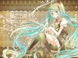 Rule 34 | 10s, 1girl, 2012, argyle, argyle background, argyle clothes, boots, bow, character name, dated, dress, green eyes, green hair, hair bow, happy birthday, hatsune miku, long hair, matching hair/eyes, musical note, sitting, smile, solo, soratsuki, thigh boots, thighhighs, twintails, very long hair, vocaloid